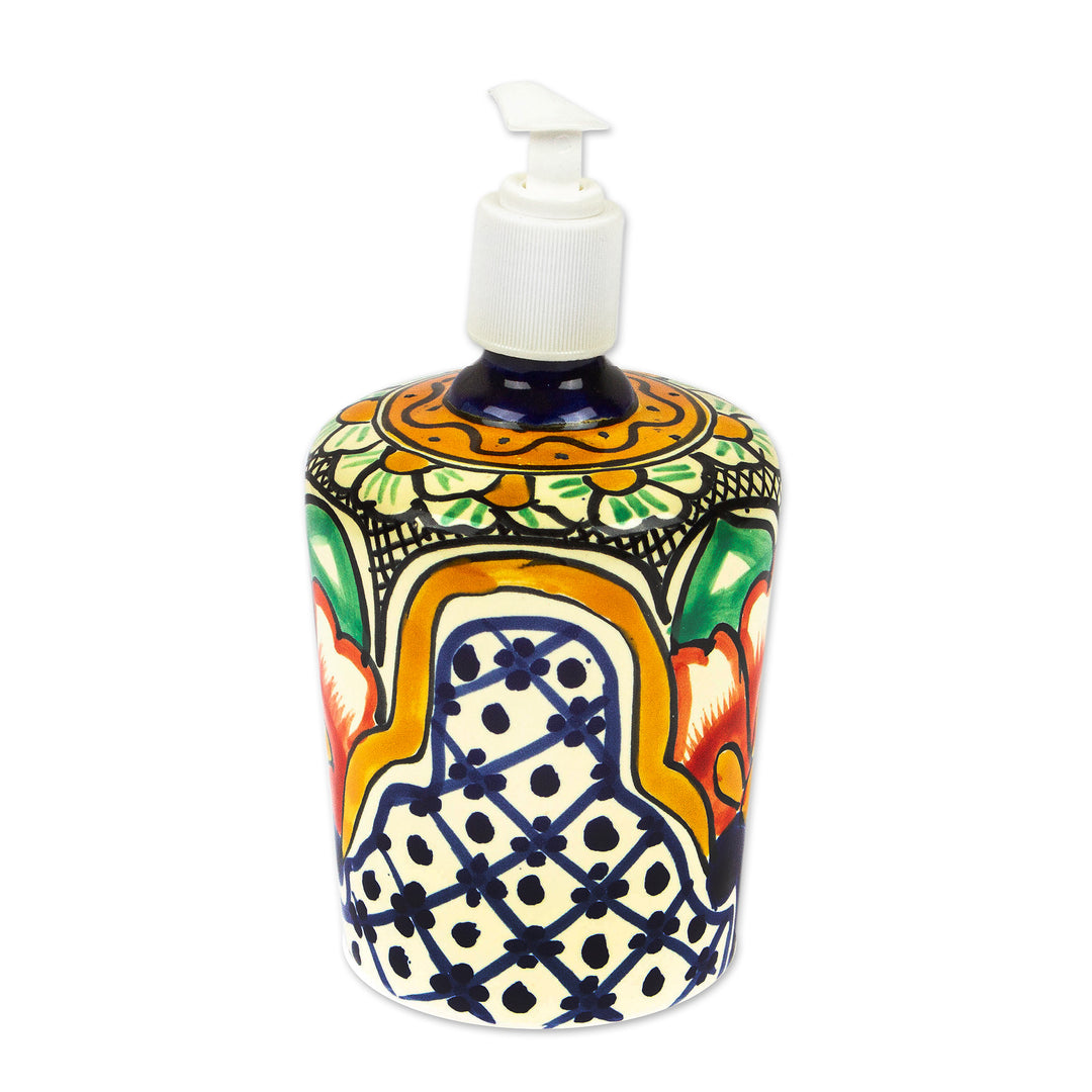 Hacienda-Themed Talavera Ceramic Soap Dispenser from Mexico - Puebla Blooms