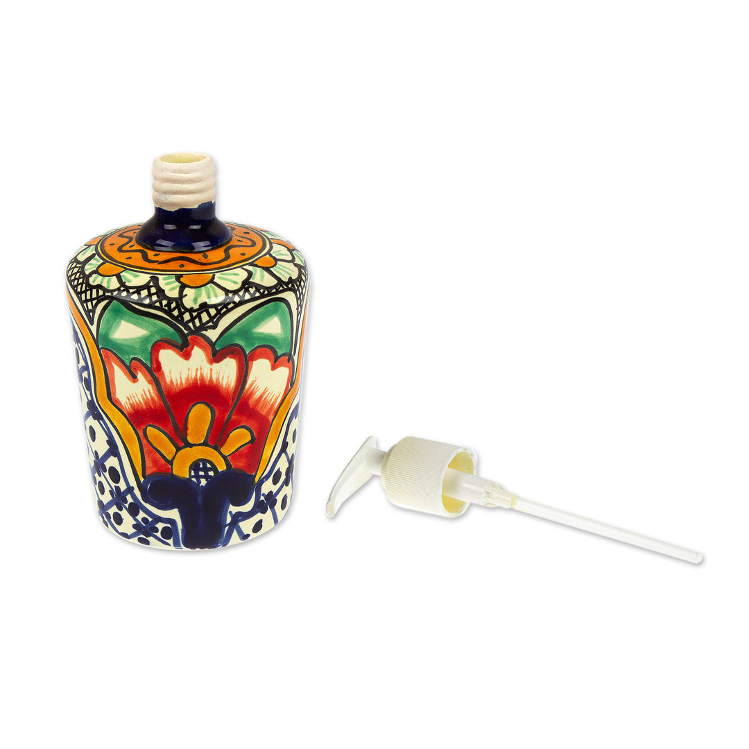 Hacienda-Themed Talavera Ceramic Soap Dispenser from Mexico - Puebla Blooms