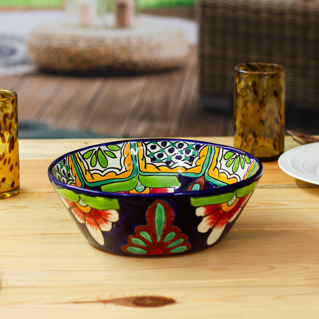 Artisan-Made Talavera-Style Floral Ceramic Serving Bowl - Garden Flowers