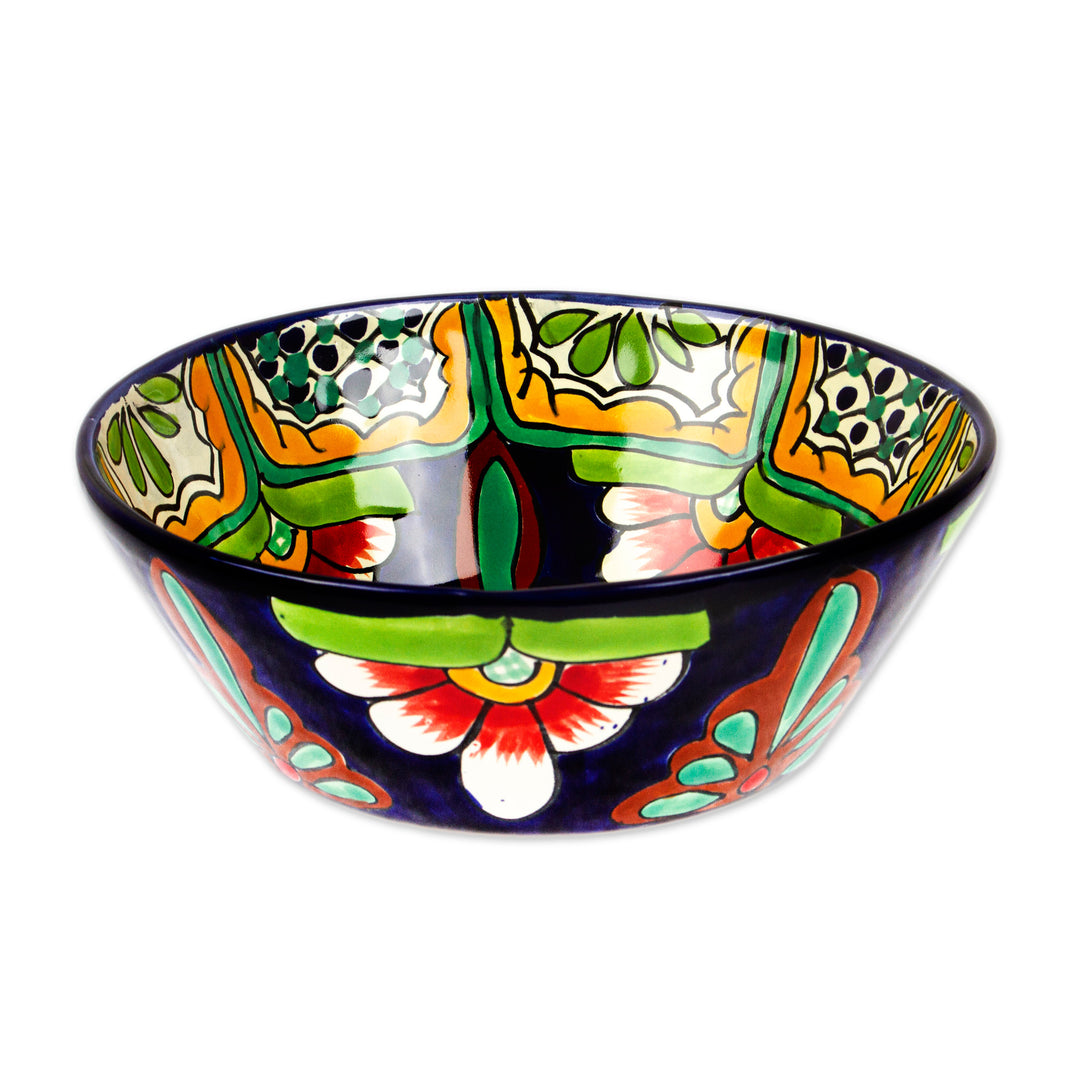 Artisan-Made Talavera-Style Floral Ceramic Serving Bowl - Garden Flowers