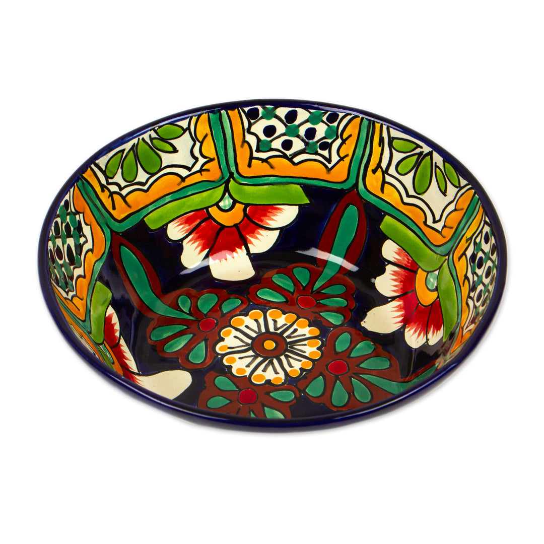 Artisan-Made Talavera-Style Floral Ceramic Serving Bowl - Garden Flowers