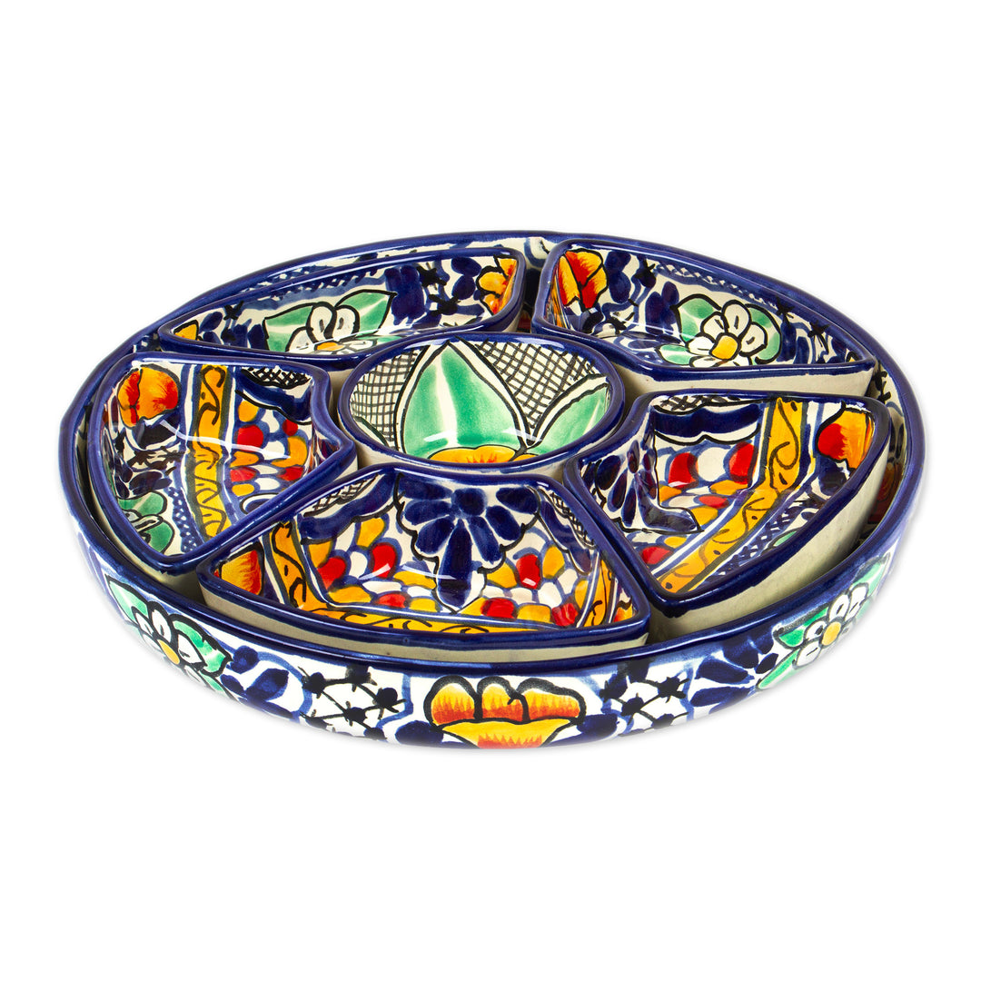 Hand-Painted 7-Piece Ceramic Appetizer Plate Set in Blue - Cobalt Flowers