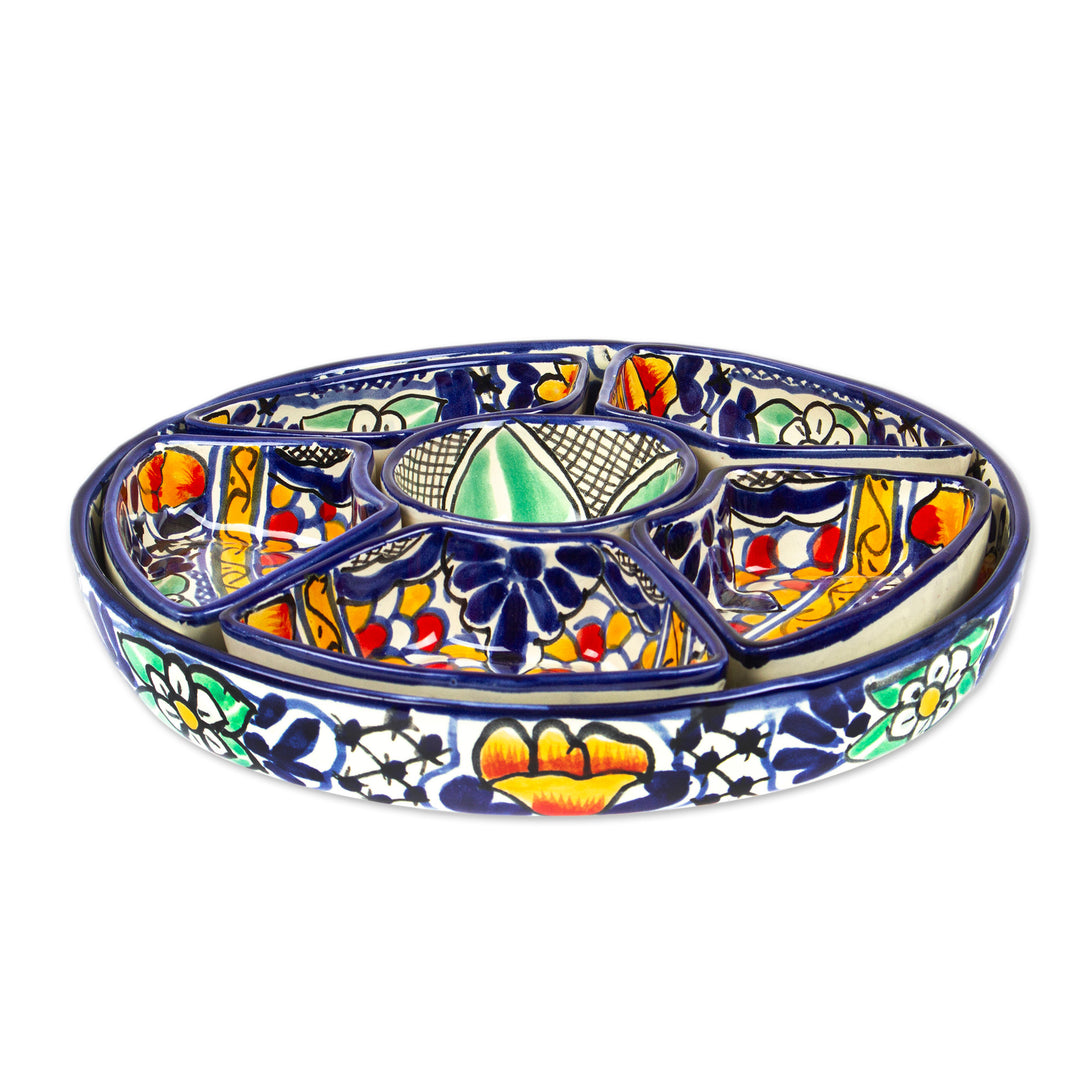 Hand-Painted 7-Piece Ceramic Appetizer Plate Set in Blue - Cobalt Flowers