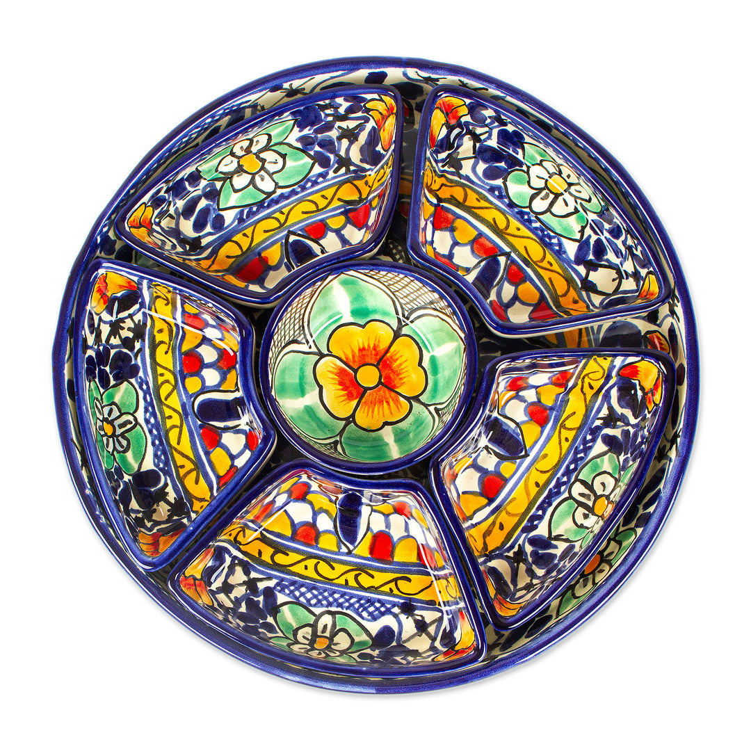 Hand-Painted 7-Piece Ceramic Appetizer Plate Set in Blue - Cobalt Flowers