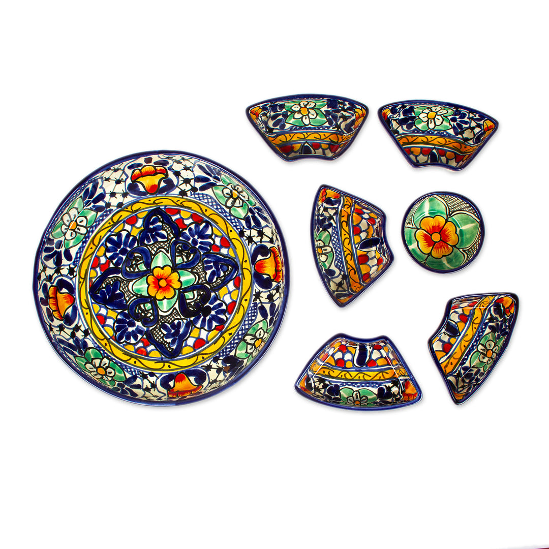 Hand-Painted 7-Piece Ceramic Appetizer Plate Set in Blue - Cobalt Flowers