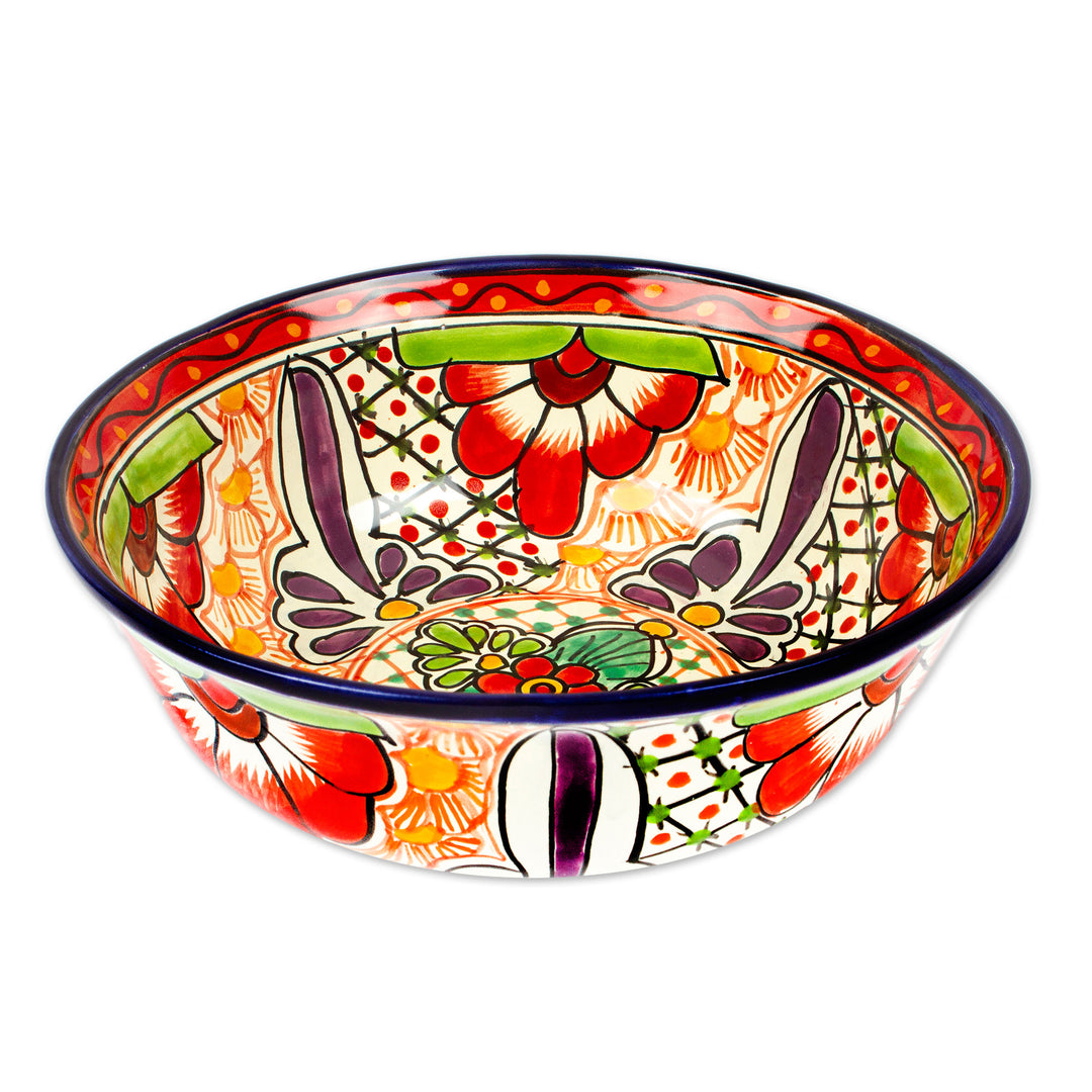 Folk Art Painted Hacienda-Themed Floral Ceramic Serving Bowl - Hacienda Tales