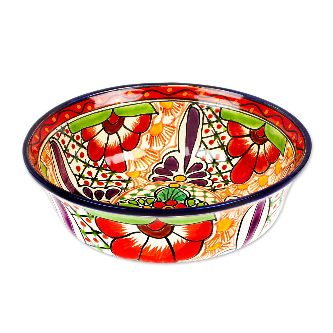 Folk Art Painted Hacienda-Themed Floral Ceramic Serving Bowl - Hacienda Tales