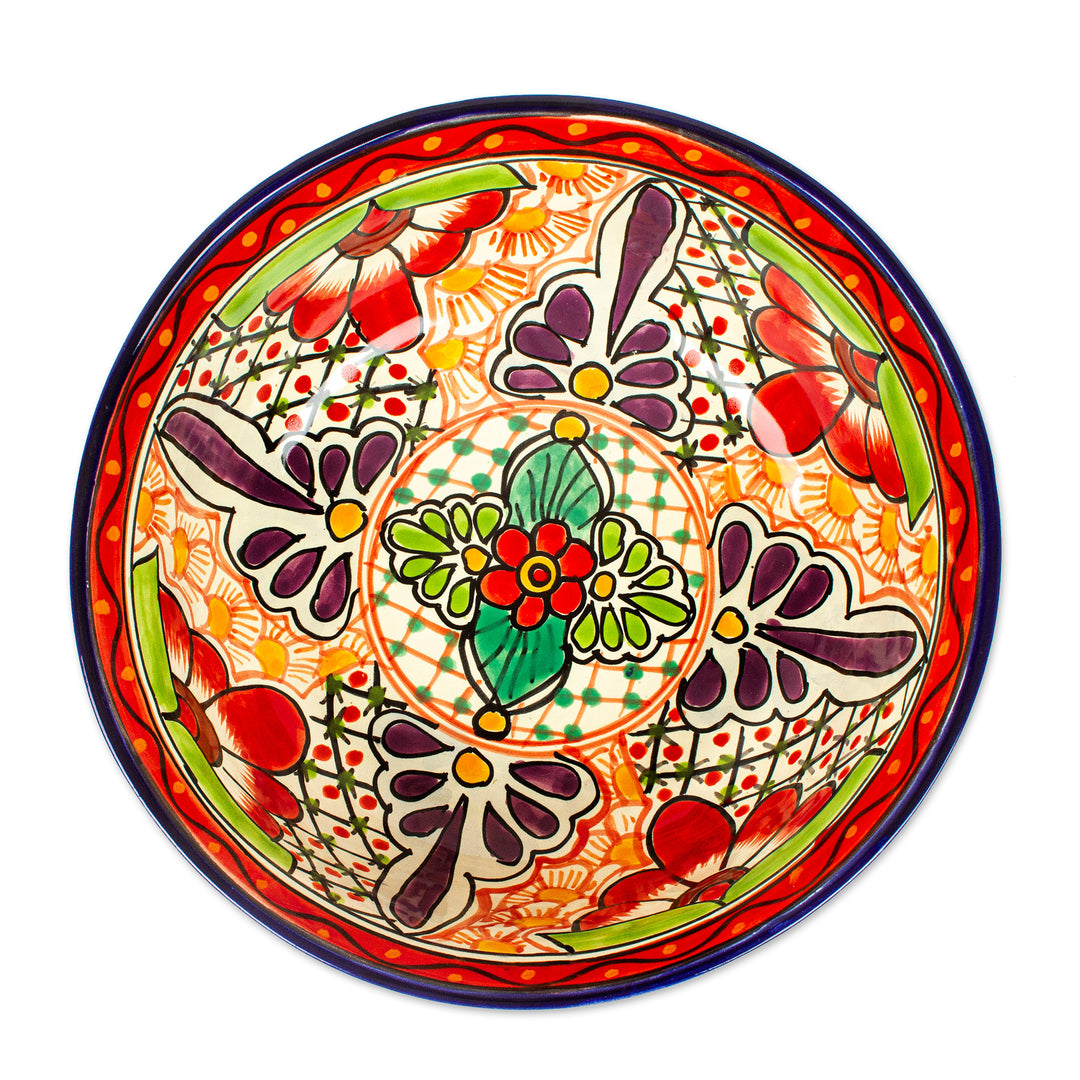 Folk Art Painted Hacienda-Themed Floral Ceramic Serving Bowl - Hacienda Tales
