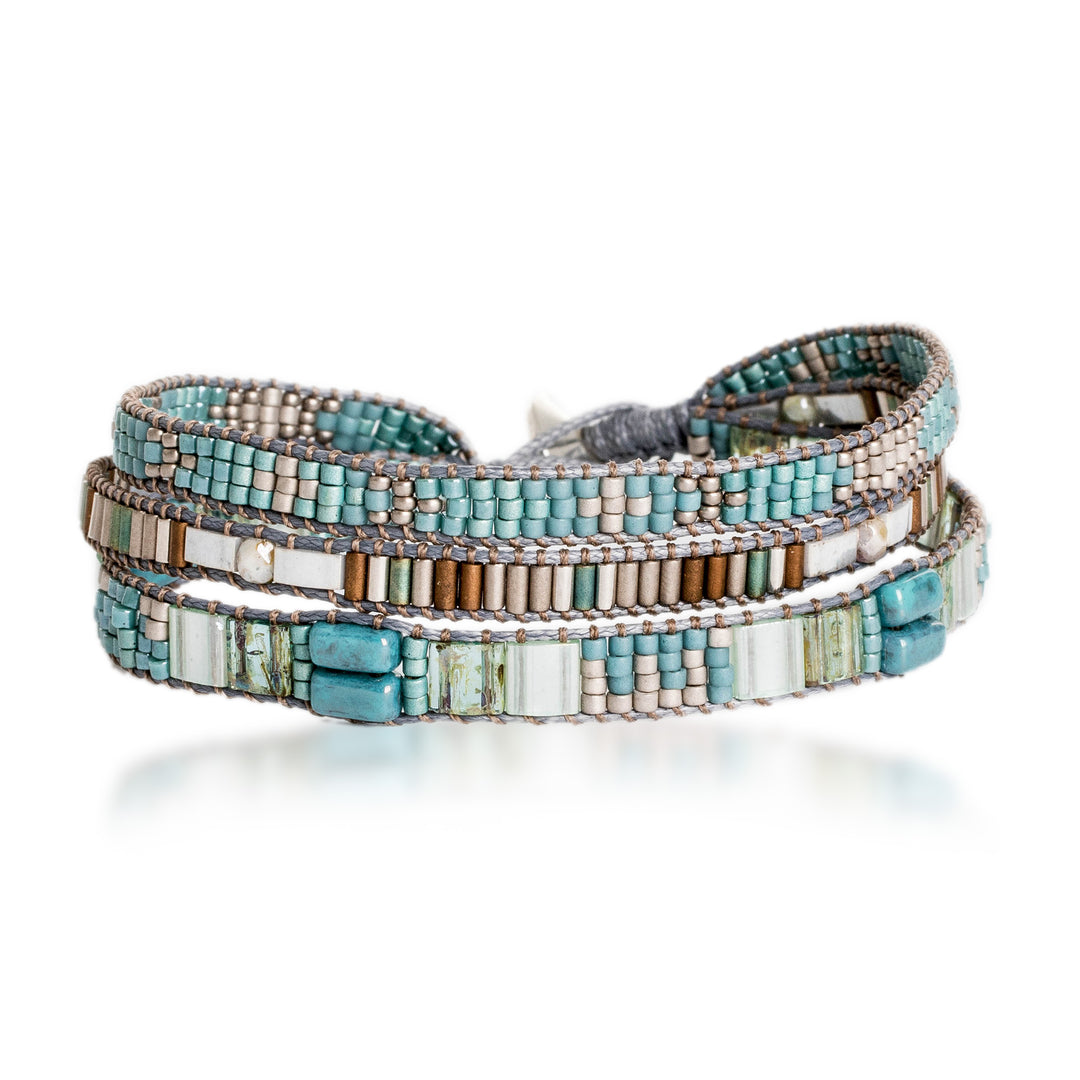 Hand-Woven Beaded Wrap Bracelet with Pewter Button - Clear Water