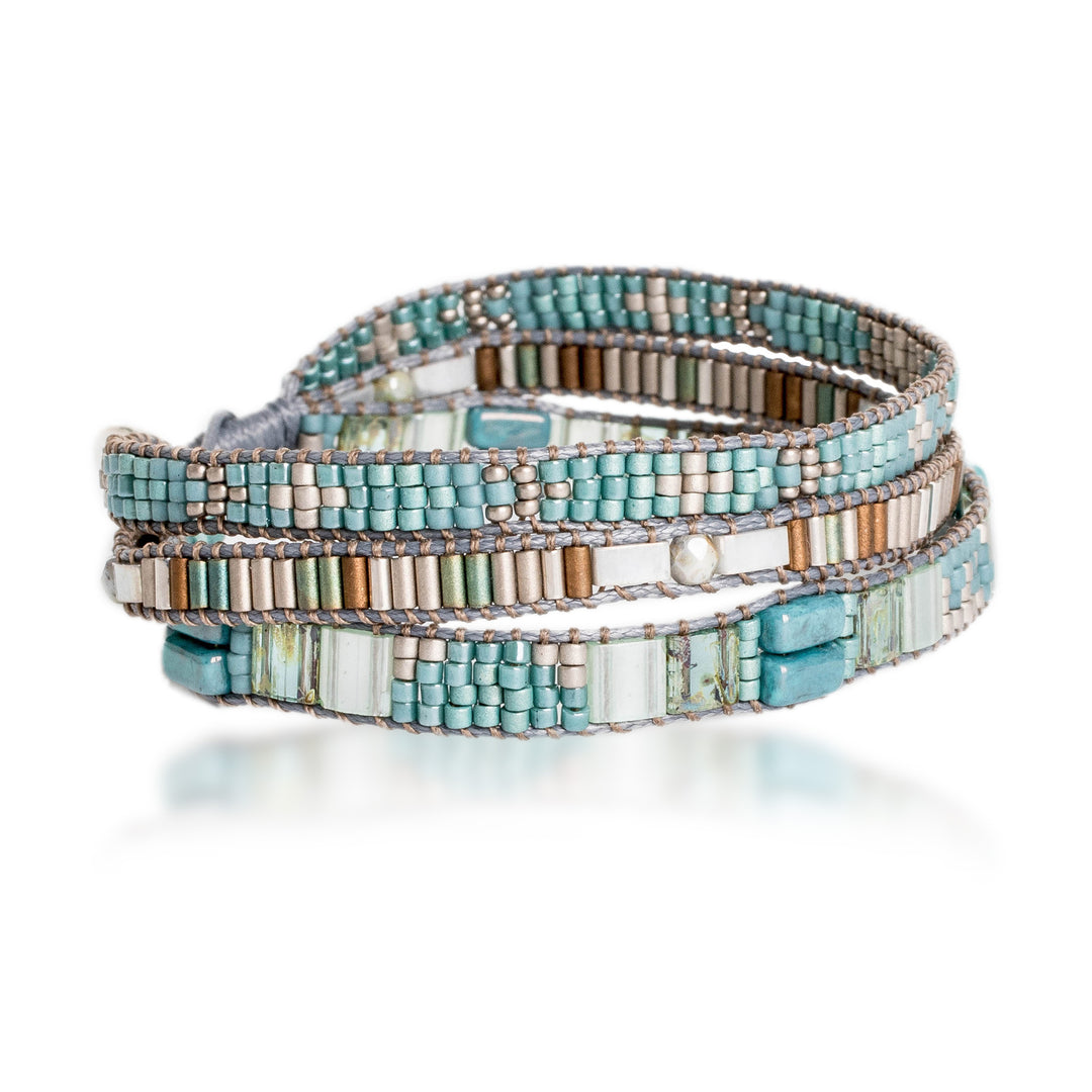 Hand-Woven Beaded Wrap Bracelet with Pewter Button - Clear Water