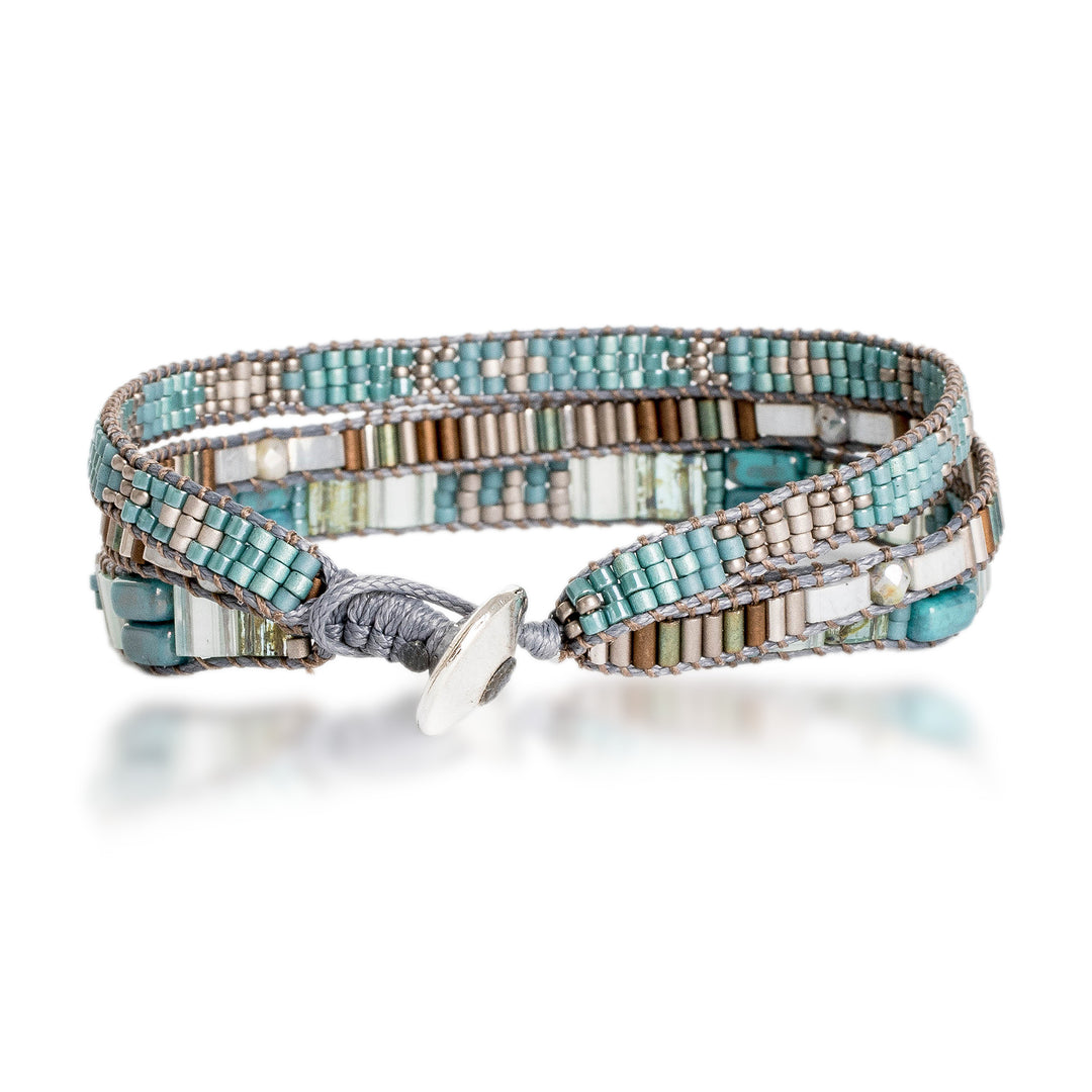 Hand-Woven Beaded Wrap Bracelet with Pewter Button - Clear Water