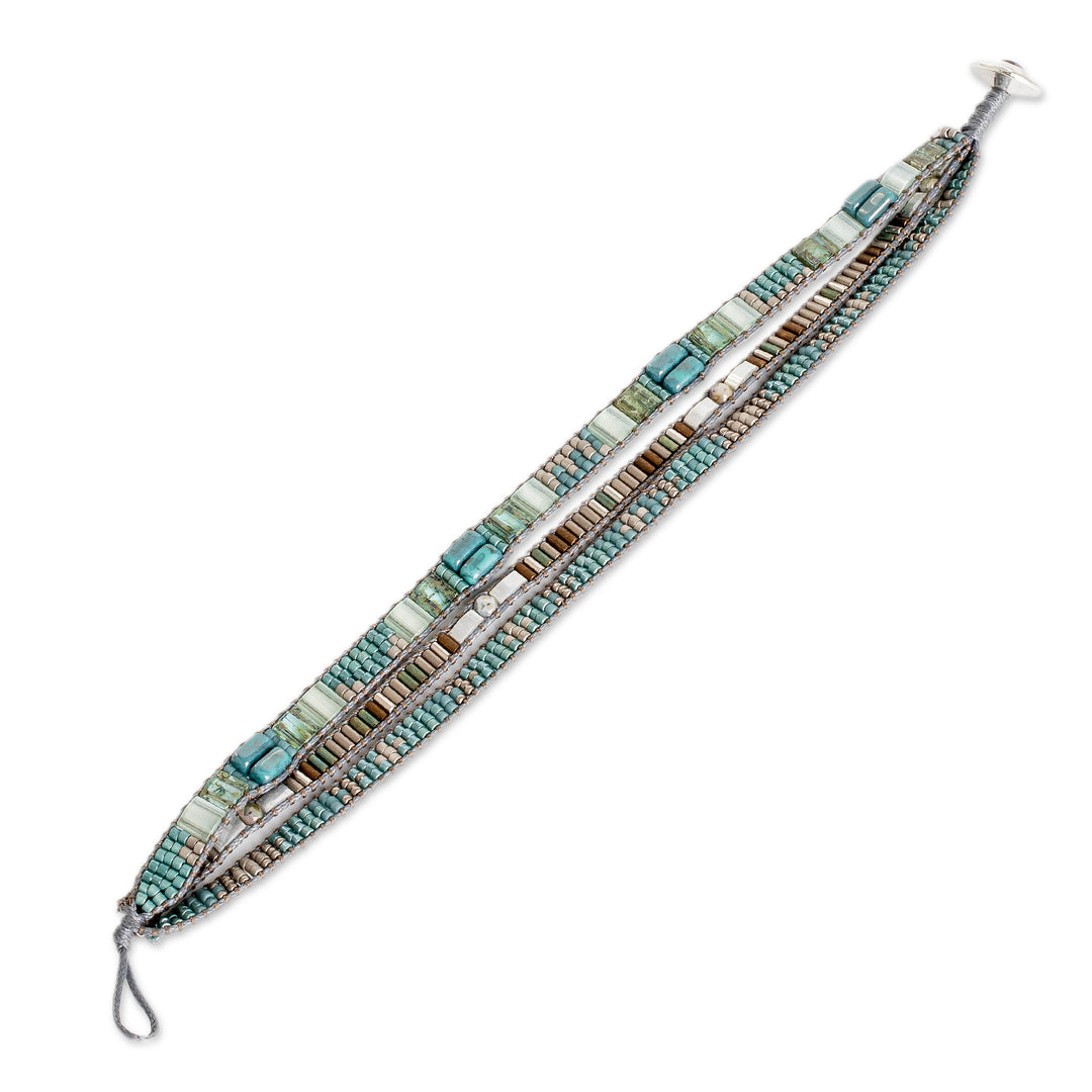 Hand-Woven Beaded Wrap Bracelet with Pewter Button - Clear Water