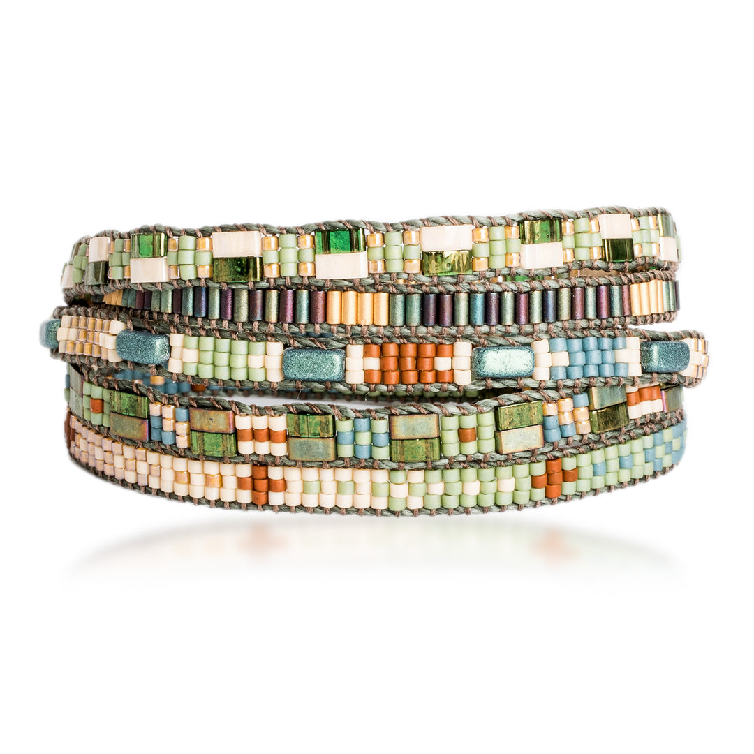 Bohemian Hand-Loomed Beaded Wrap Bracelet with Pewter Button - Harmony of Hues