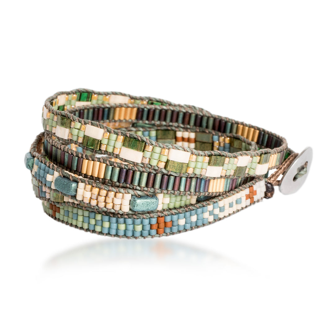 Bohemian Hand-Loomed Beaded Wrap Bracelet with Pewter Button - Harmony of Hues