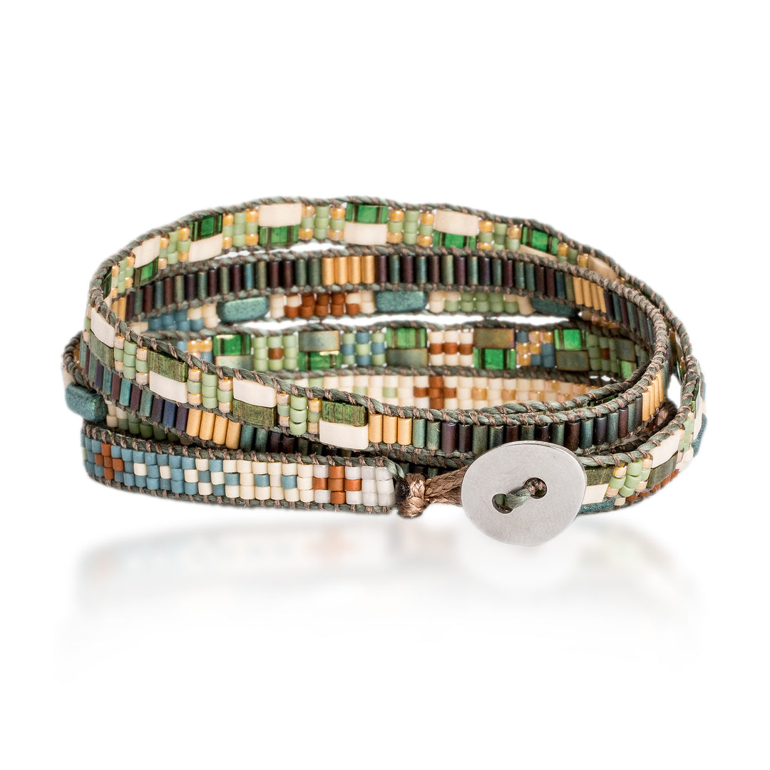 Bohemian Hand-Loomed Beaded Wrap Bracelet with Pewter Button - Harmony of Hues