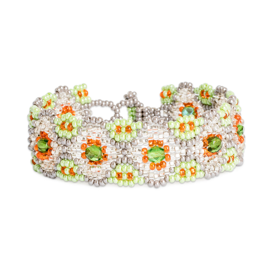 Floral-Themed Crystal and Glass Beaded Wristband Bracelet - Floral Path