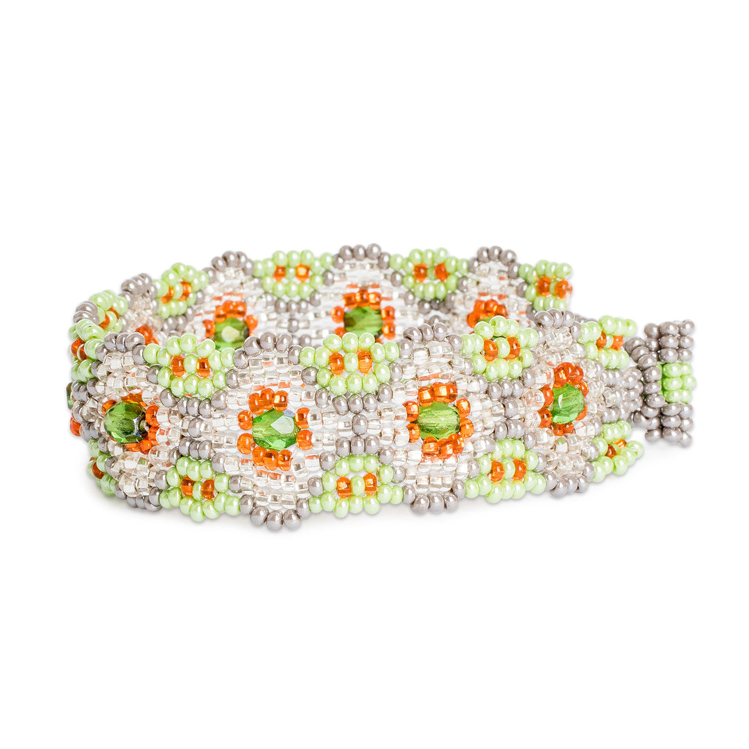 Floral-Themed Crystal and Glass Beaded Wristband Bracelet - Floral Path