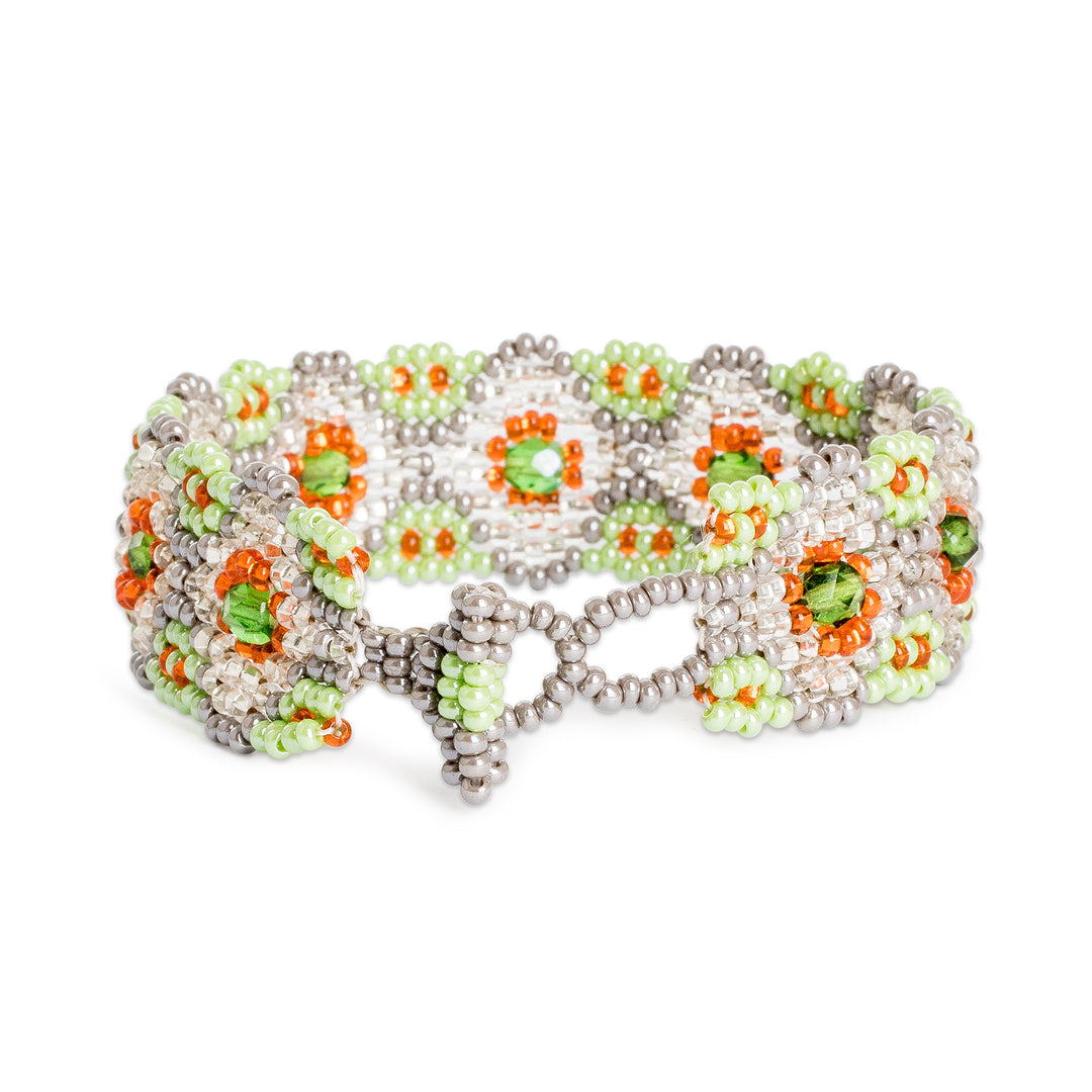 Floral-Themed Crystal and Glass Beaded Wristband Bracelet - Floral Path