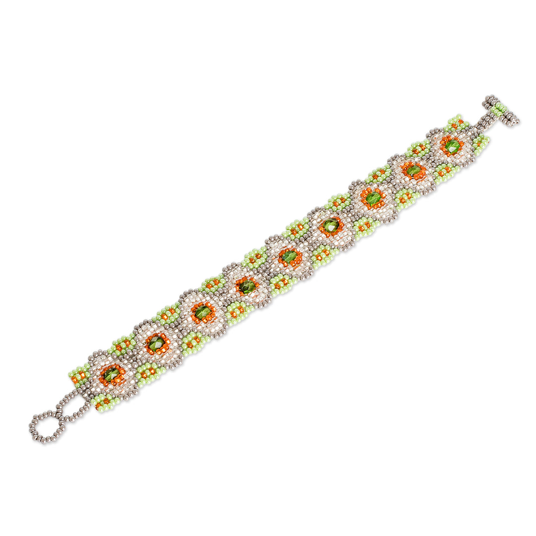 Floral-Themed Crystal and Glass Beaded Wristband Bracelet - Floral Path