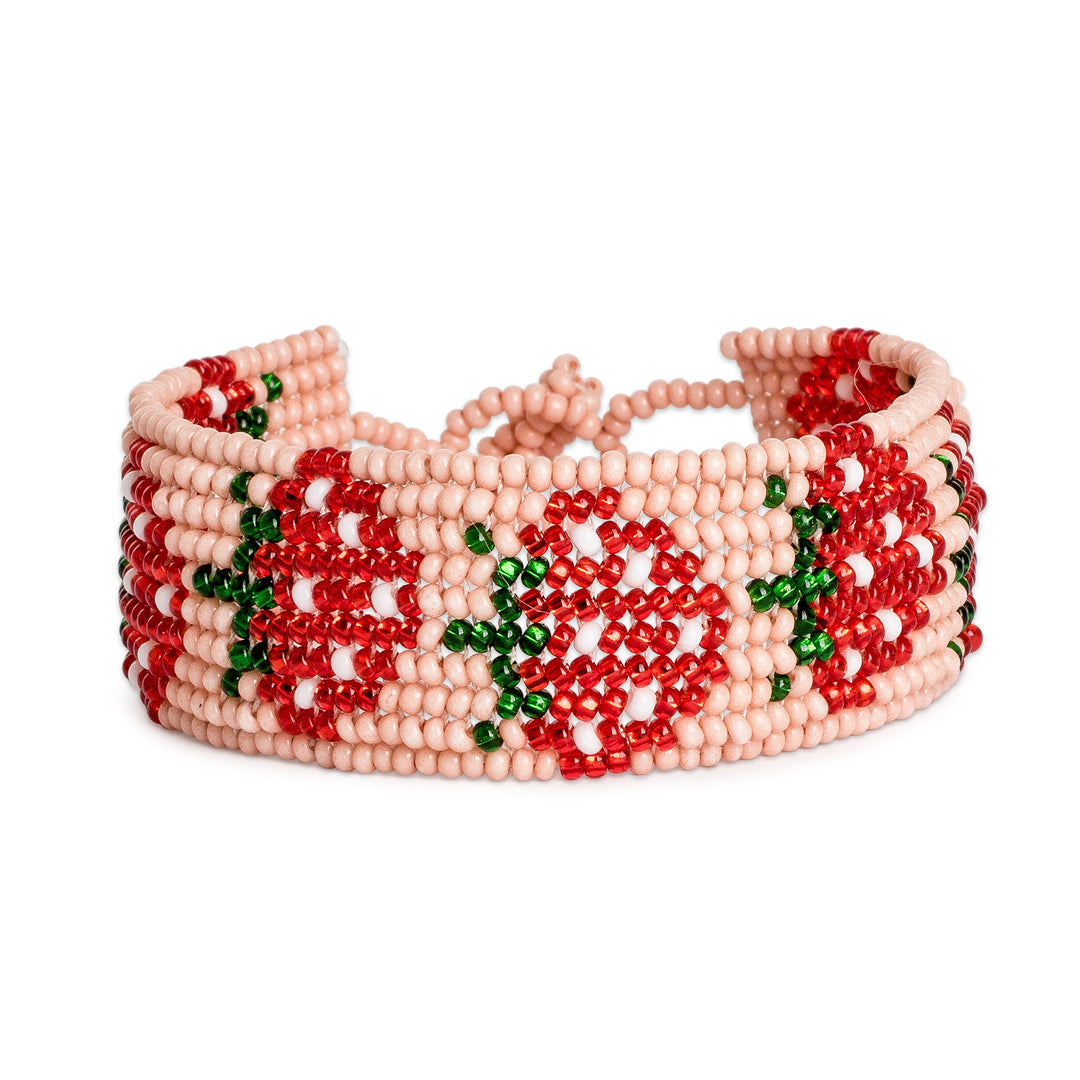 Handcrafted Beaded Wristband Bracelet with Strawberry Motif - Wild Delicacy