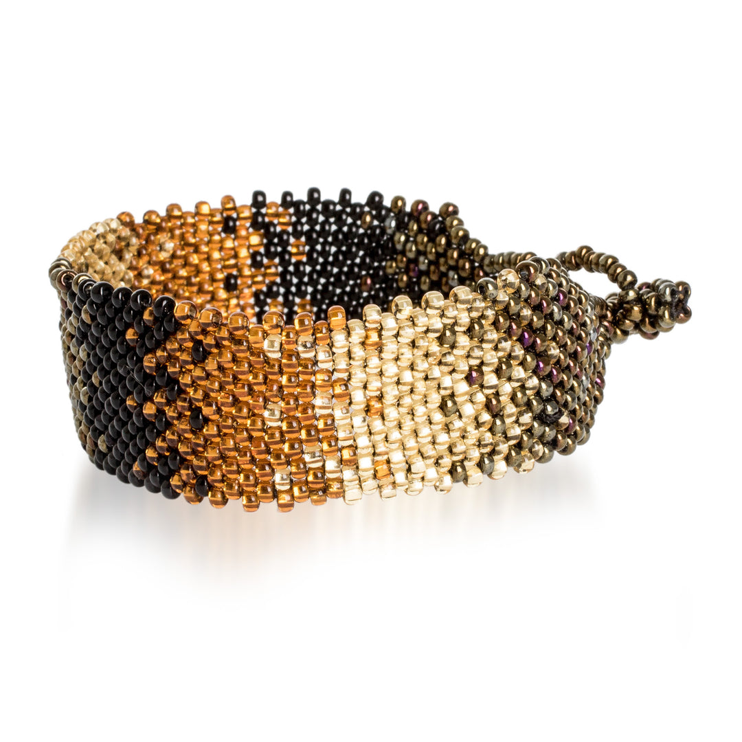 Black Bronze and Golden-Hued Adjustable Wide Beaded Bracelet - Shimmering Gleams