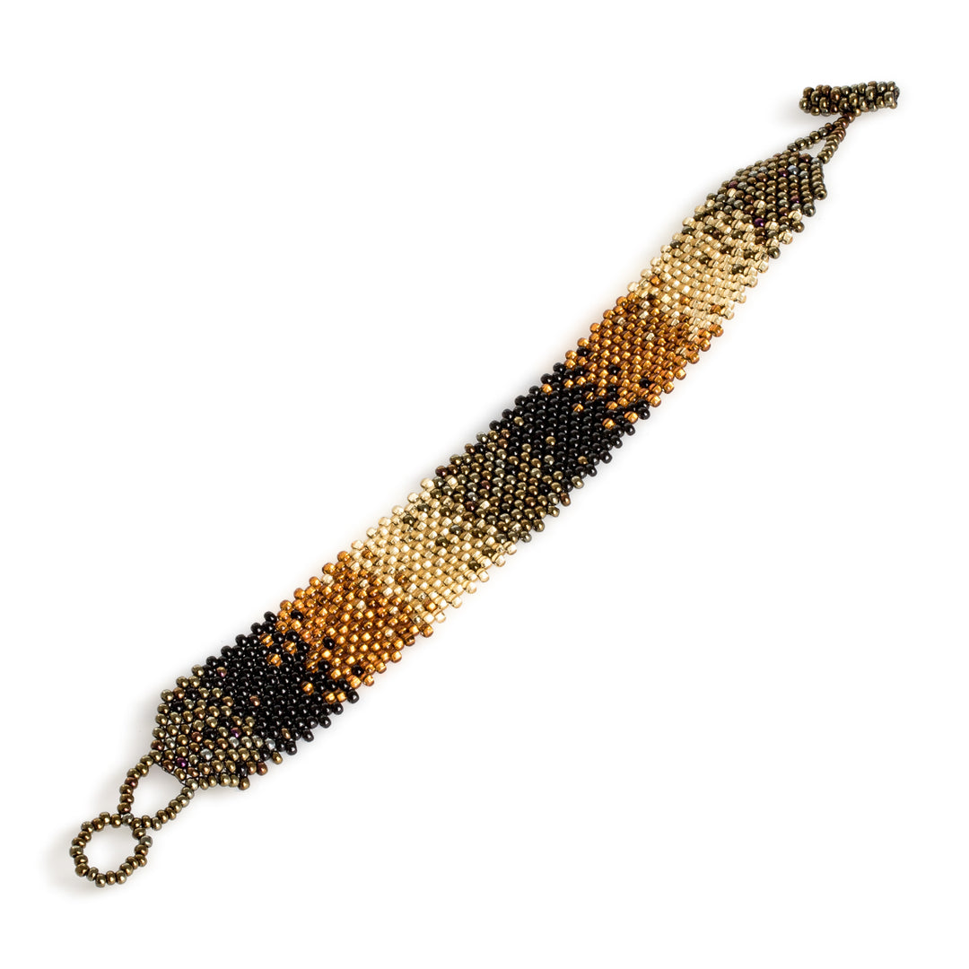 Black Bronze and Golden-Hued Adjustable Wide Beaded Bracelet - Shimmering Gleams