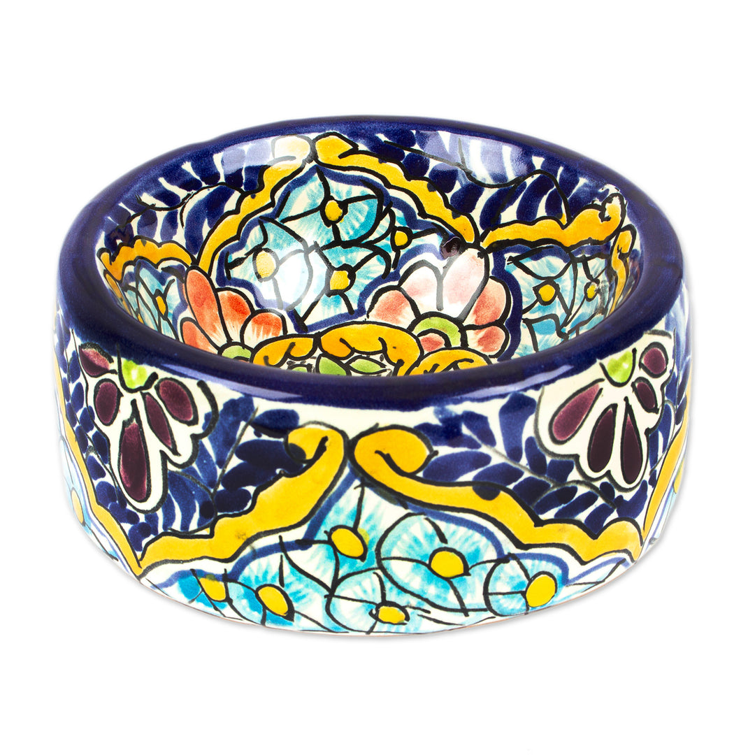 Spring-Themed Blue and Yellow Ceramic Pet Bowl from Mexico - Spring in Hidalgo