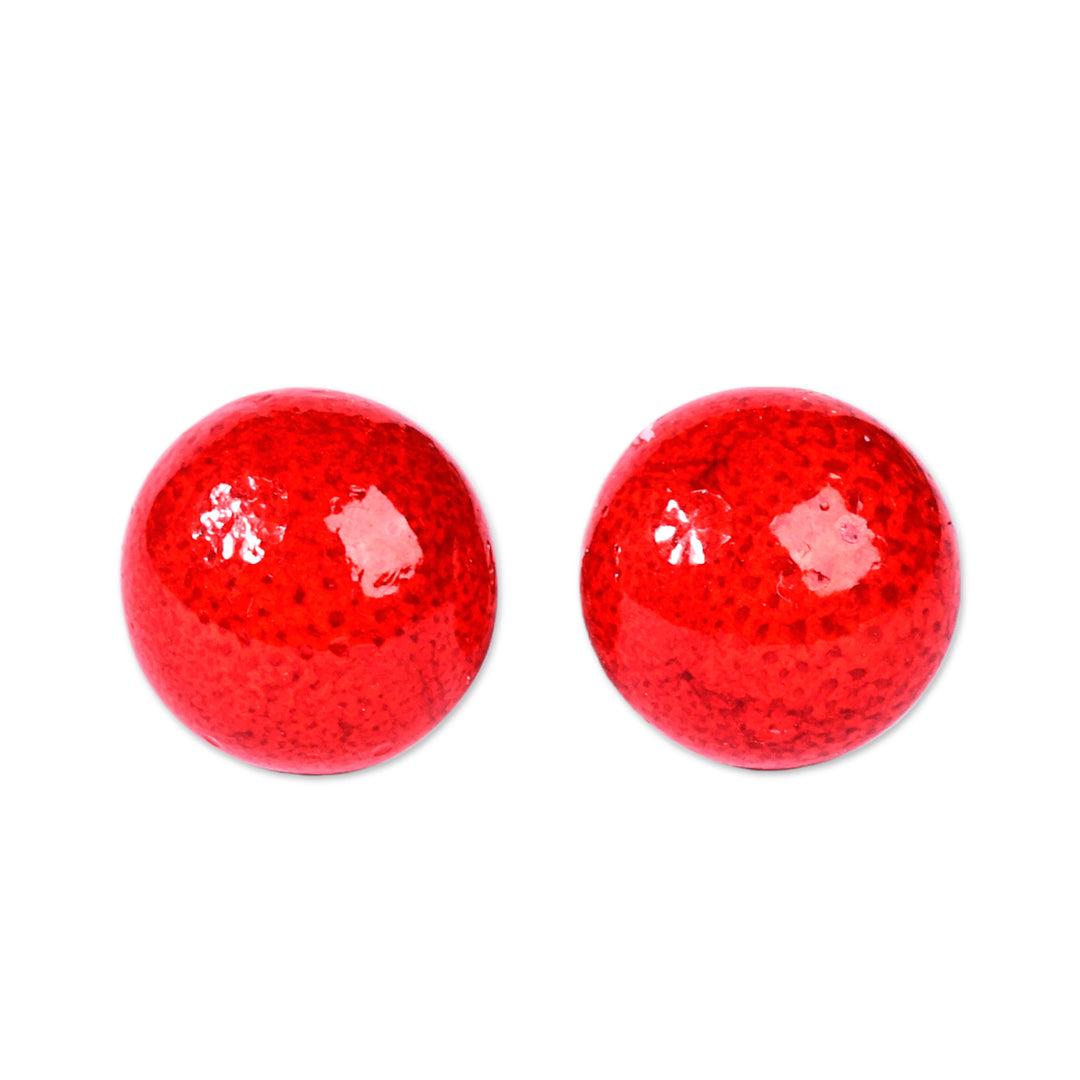 Red Ceramic Button Earrings with Sterling Silver Posts - Red Globe