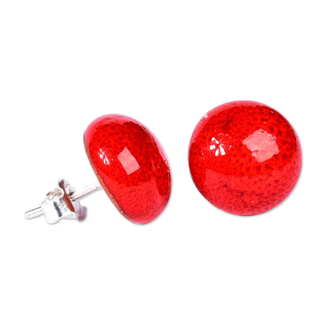 Red Ceramic Button Earrings with Sterling Silver Posts - Red Globe