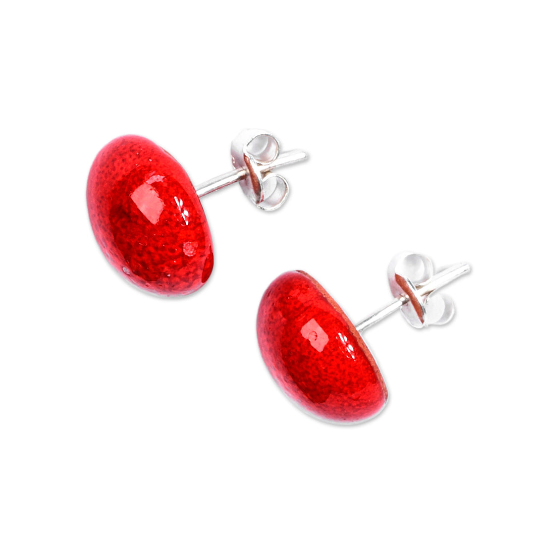 Red Ceramic Button Earrings with Sterling Silver Posts - Red Globe