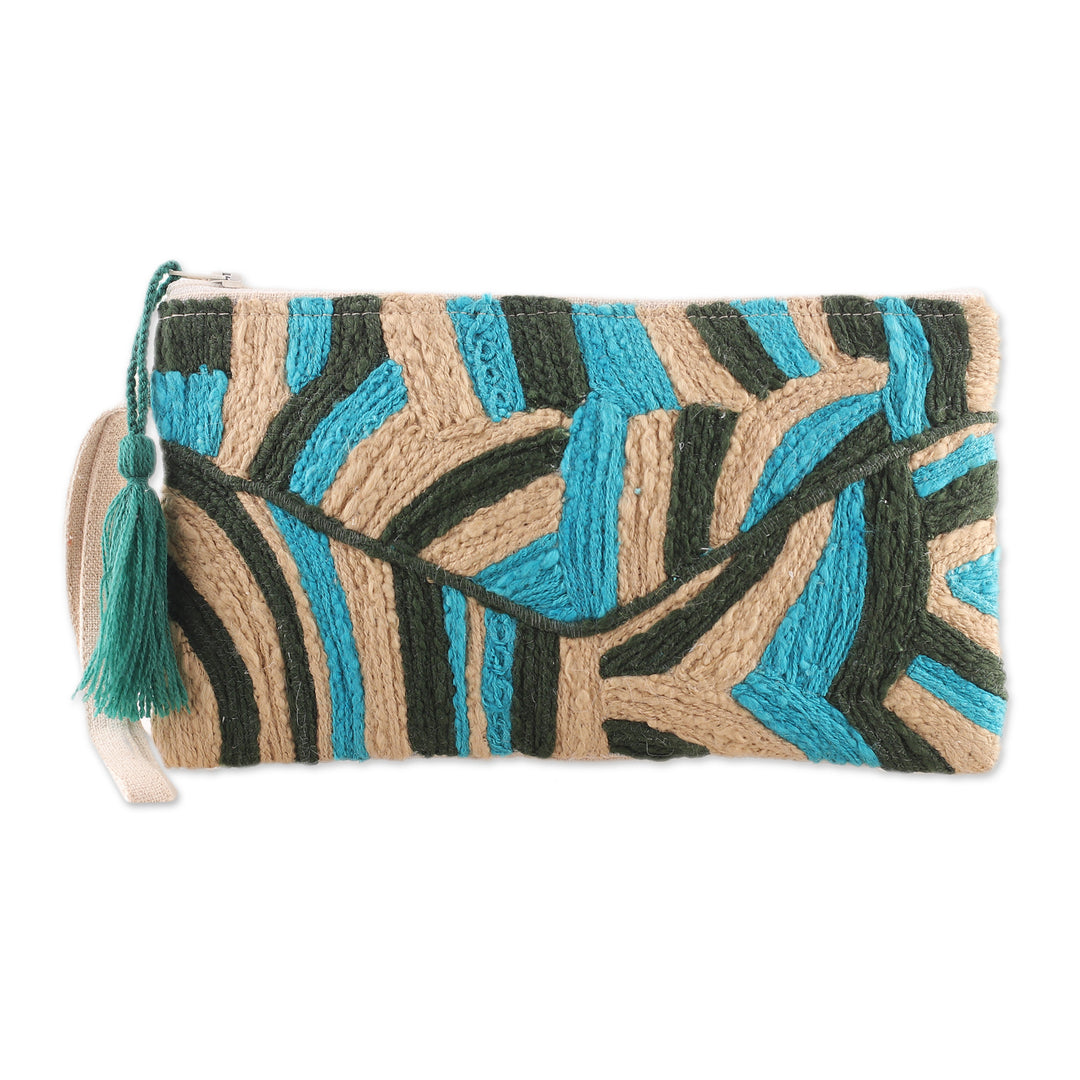 Abstract-Themed Blue and Beige Embroidered Cotton Wristlet - Creative Blast