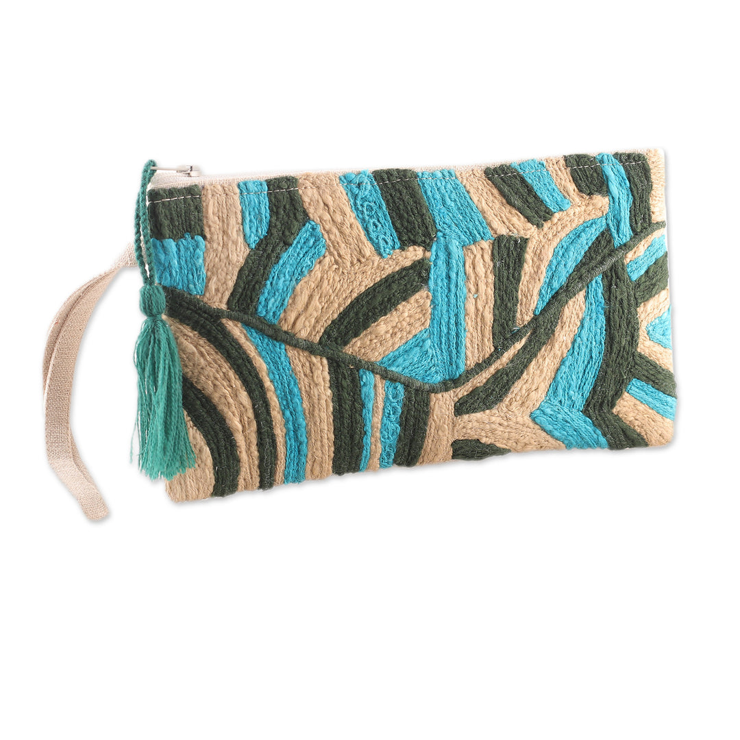Abstract-Themed Blue and Beige Embroidered Cotton Wristlet - Creative Blast