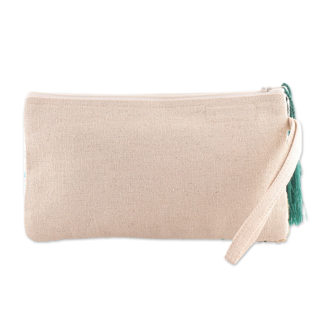 Abstract-Themed Blue and Beige Embroidered Cotton Wristlet - Creative Blast