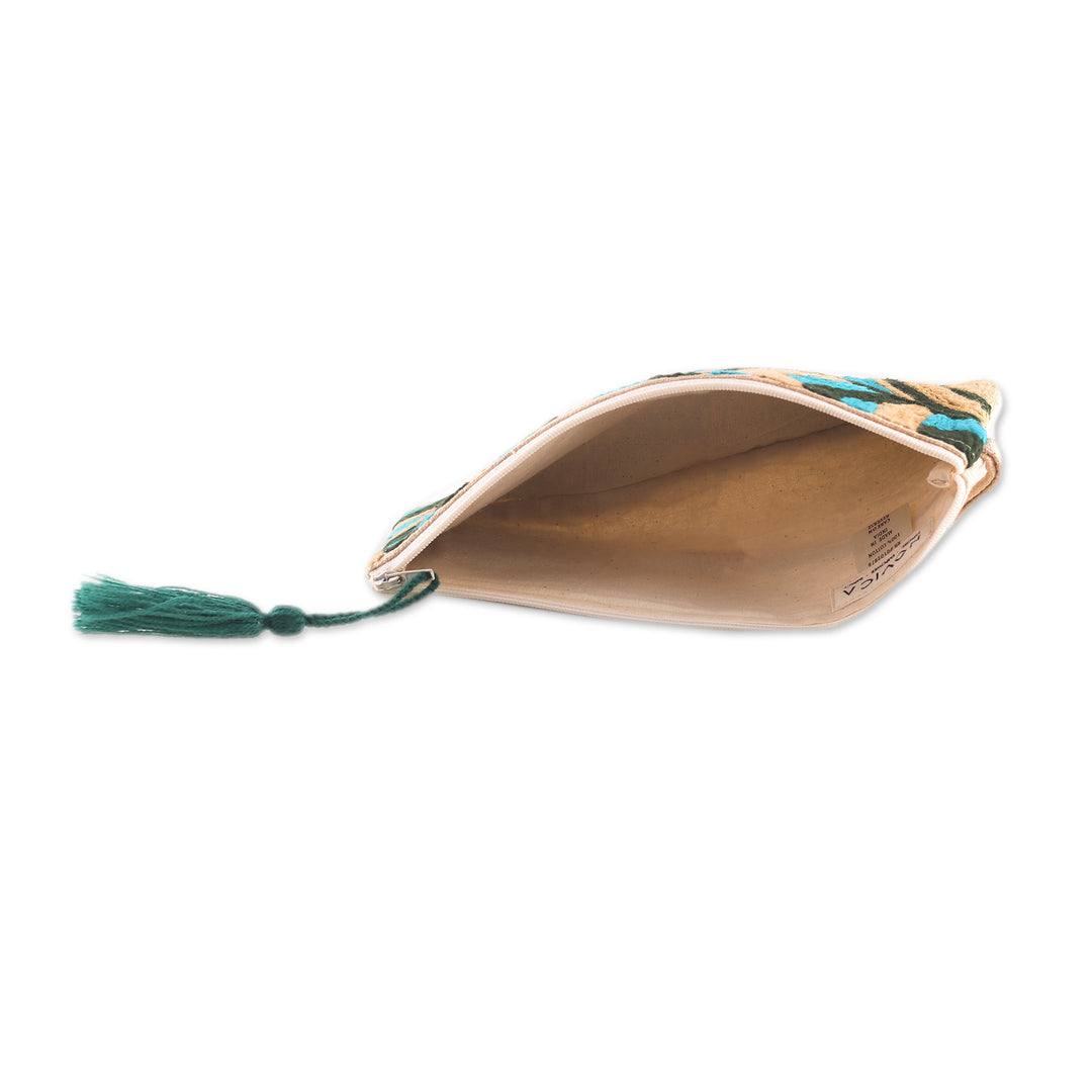 Abstract-Themed Blue and Beige Embroidered Cotton Wristlet - Creative Blast