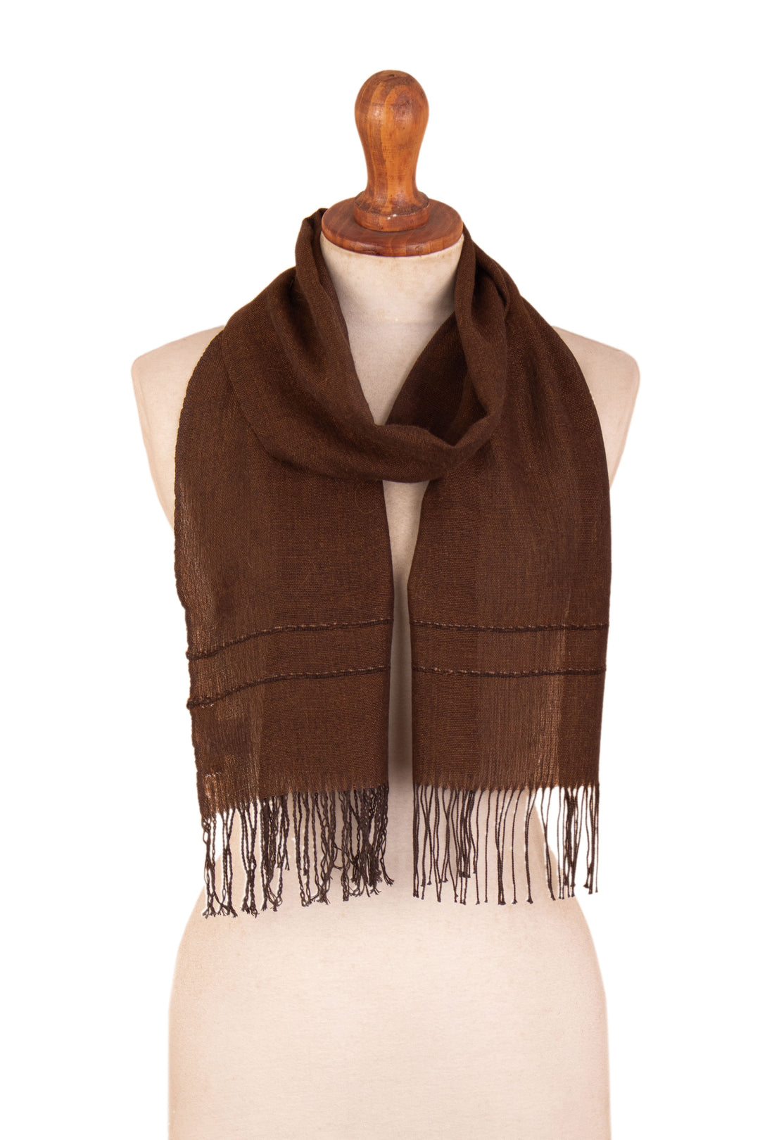 Mahogany and Spice Fringed Alpaca Scarf Handwoven in Peru - Nazca Glam