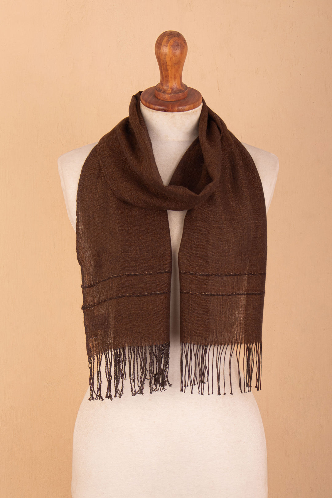 Mahogany and Spice Fringed Alpaca Scarf Handwoven in Peru - Nazca Glam