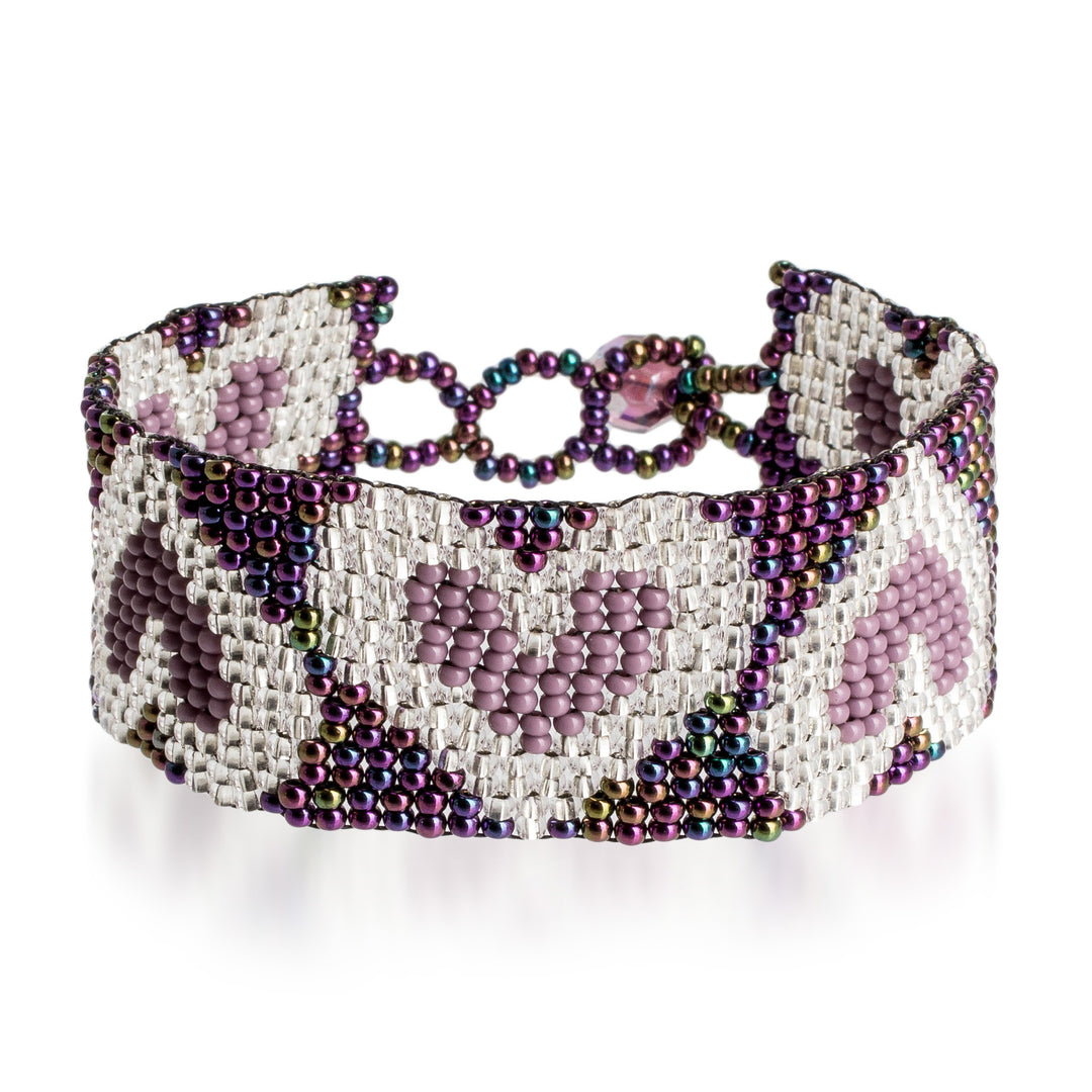 Purple Silver-Toned Heart-Themed Beaded Wristband Bracelet - Lilac Queen of Hearts