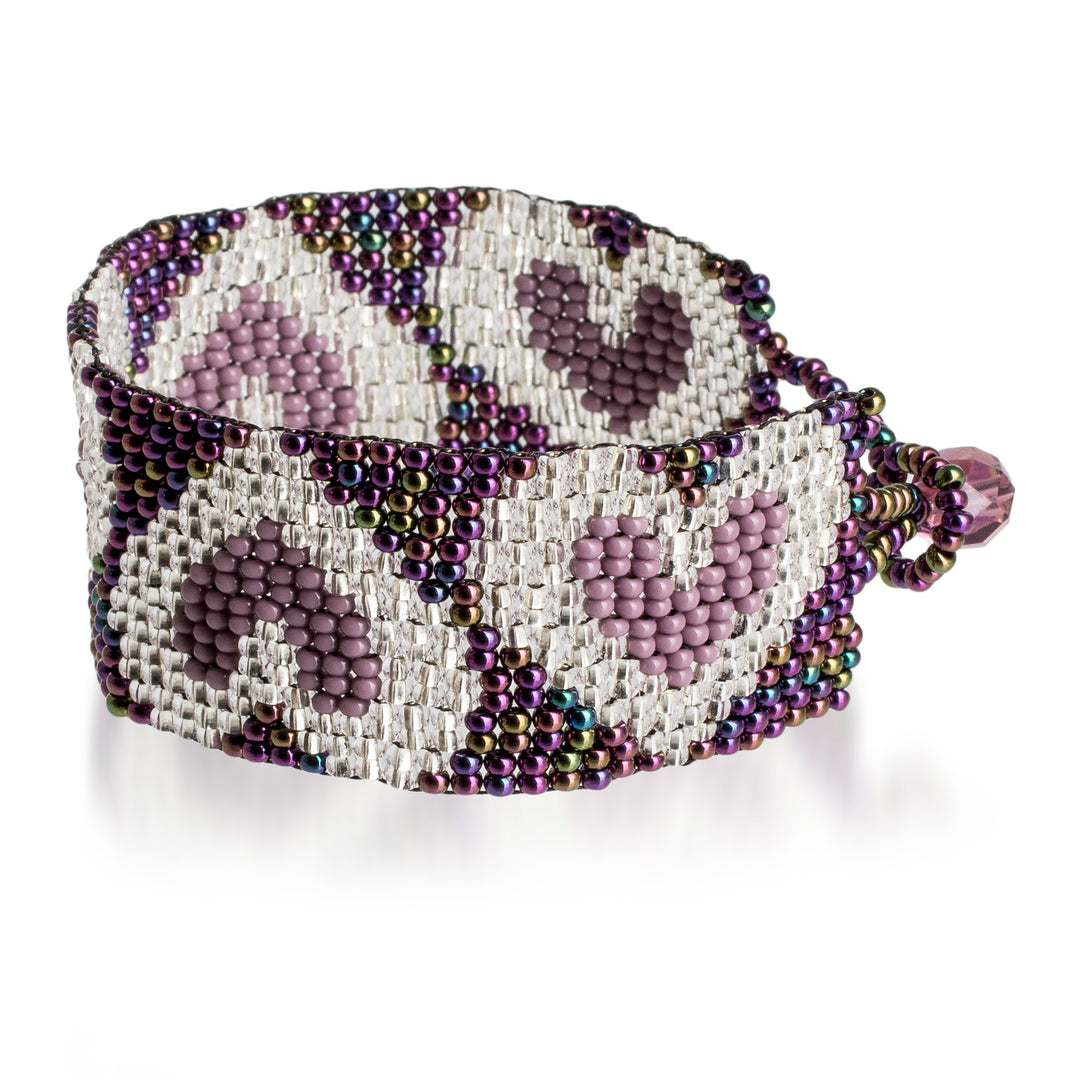 Purple Silver-Toned Heart-Themed Beaded Wristband Bracelet - Lilac Queen of Hearts