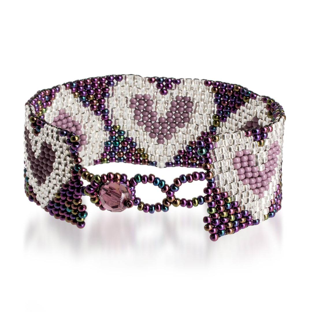 Purple Silver-Toned Heart-Themed Beaded Wristband Bracelet - Lilac Queen of Hearts