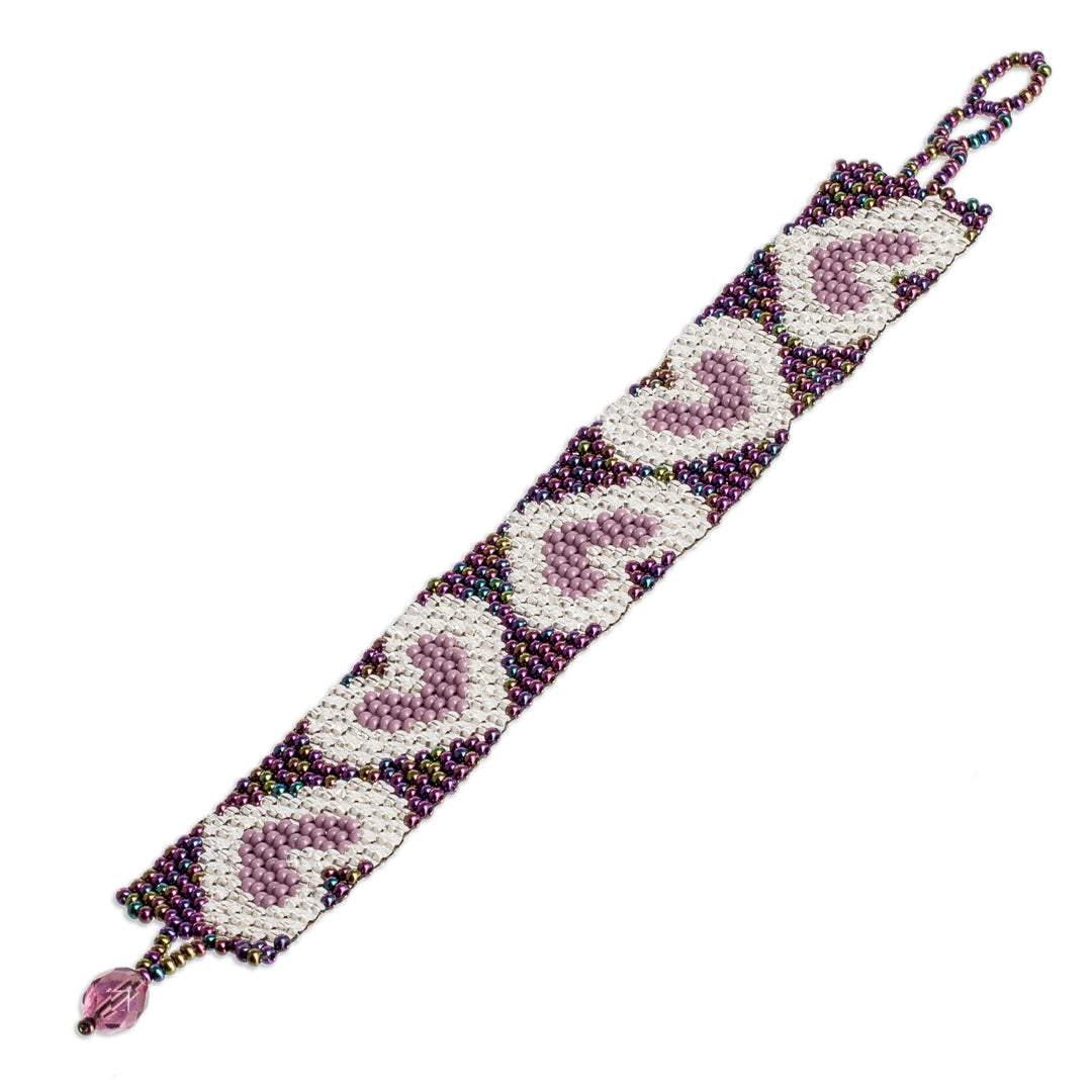 Purple Silver-Toned Heart-Themed Beaded Wristband Bracelet - Lilac Queen of Hearts