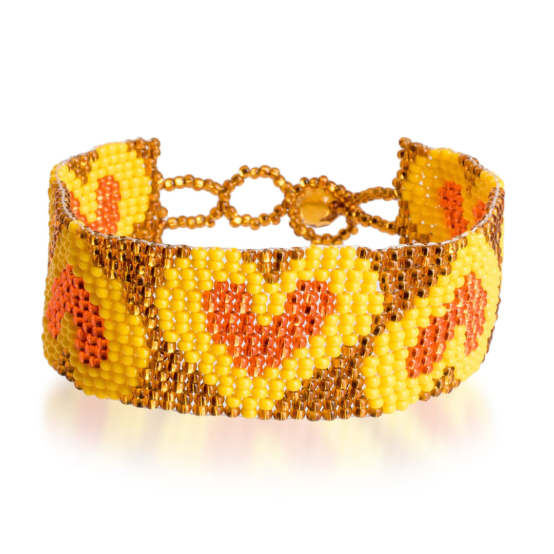 Yellow Orange Golden-Hued Beaded Bracelet with Heart Design - Yellow Queen of Hearts