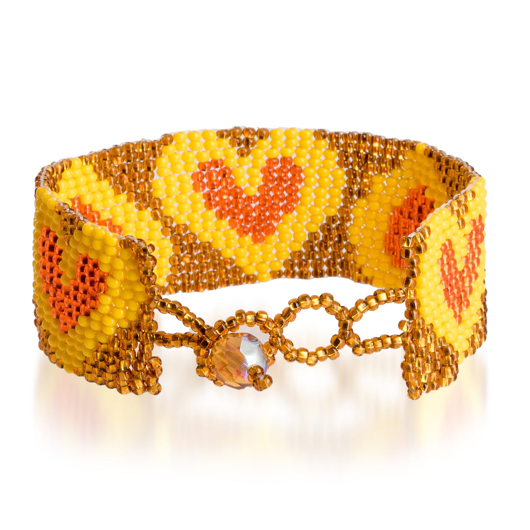 Yellow Orange Golden-Hued Beaded Bracelet with Heart Design - Yellow Queen of Hearts