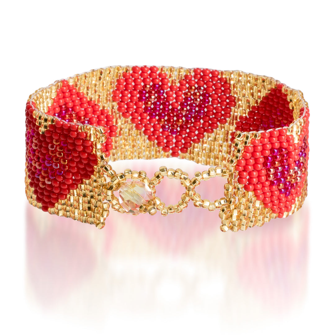 Handcrafted Red Golden-Hued Beaded Bracelet with Heart Motif - Golden Queen of Hearts