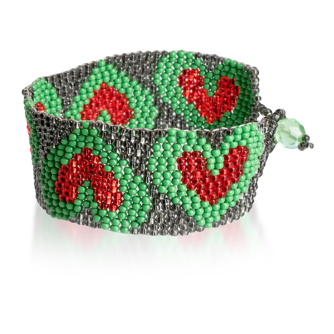 Adjustable Grey Red Green Beaded Bracelet with Heart Theme - Green Queen of Hearts