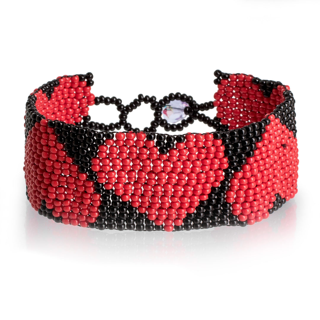 Handcrafted Black Red Beaded Heart-Themed Wristband Bracelet - Red Empress of Love