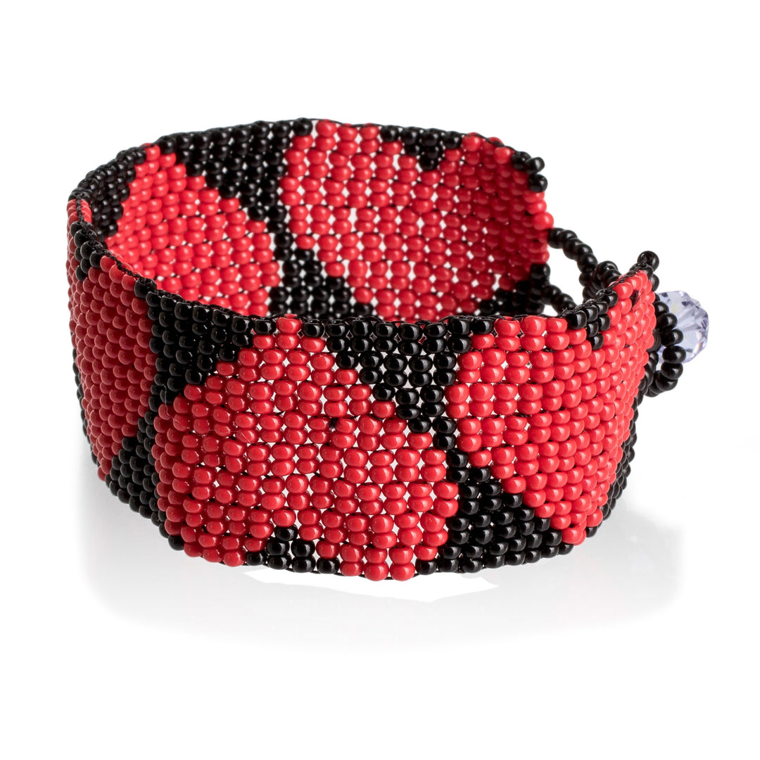 Handcrafted Black Red Beaded Heart-Themed Wristband Bracelet - Red Empress of Love