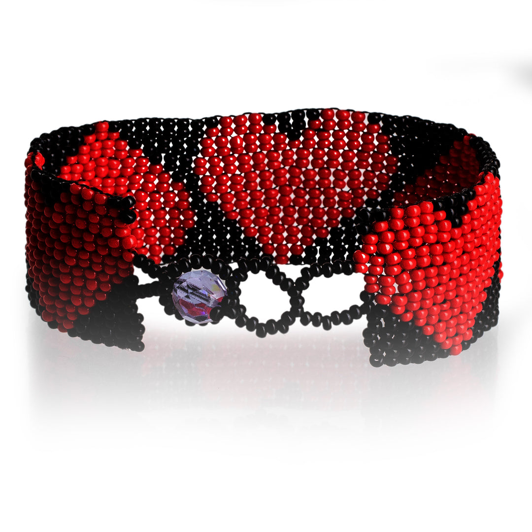 Handcrafted Black Red Beaded Heart-Themed Wristband Bracelet - Red Empress of Love