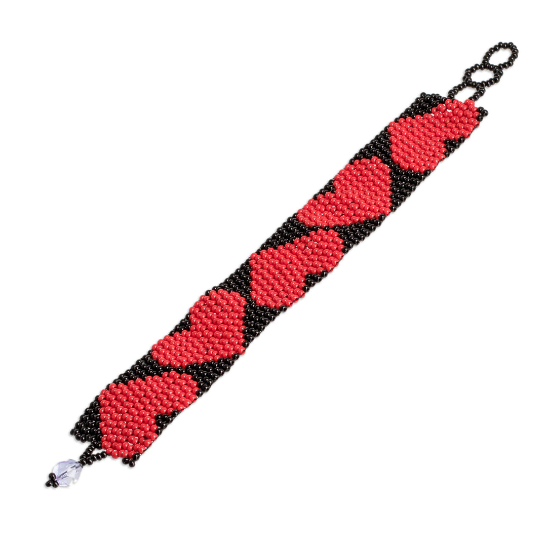 Handcrafted Black Red Beaded Heart-Themed Wristband Bracelet - Red Empress of Love