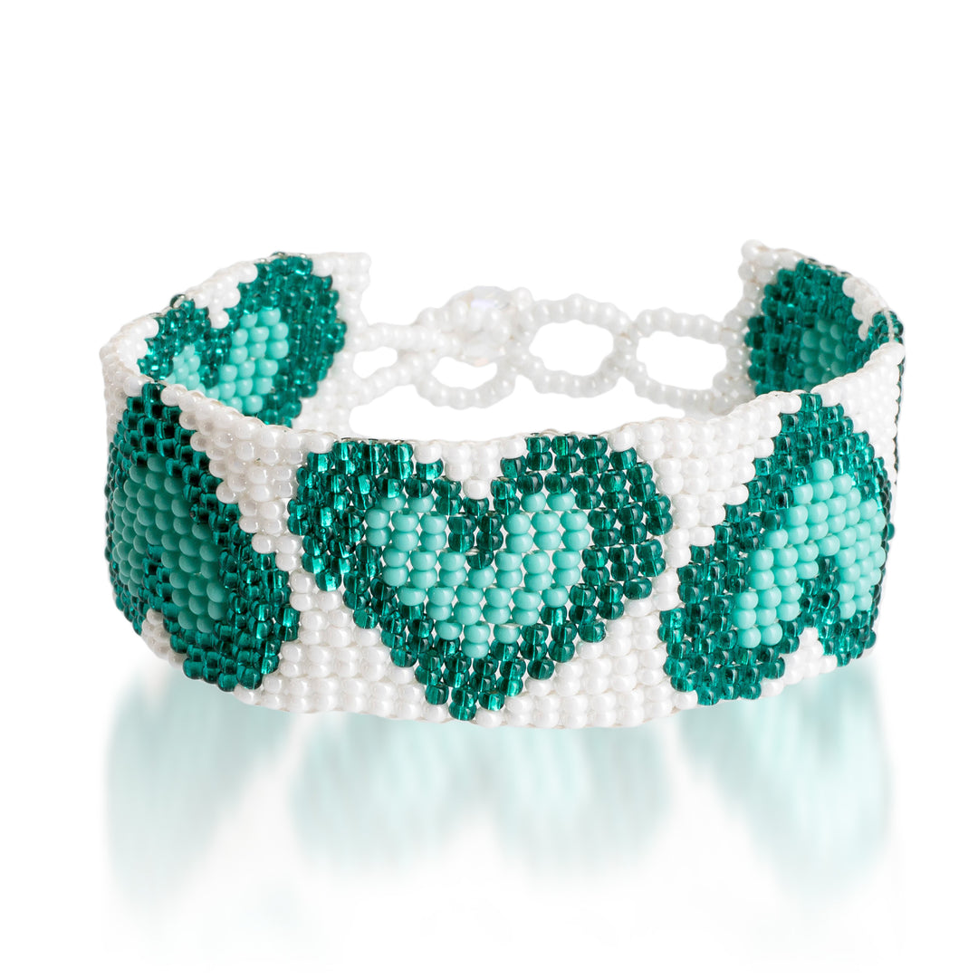 Adjustable Heart-Themed Beaded Bracelet in Aqua Teal White - Aqua Queen of Hearts