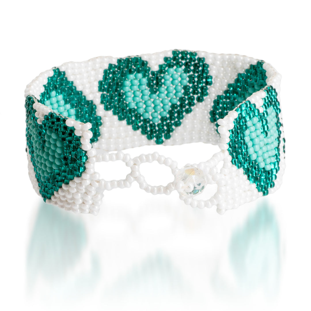 Adjustable Heart-Themed Beaded Bracelet in Aqua Teal White - Aqua Queen of Hearts
